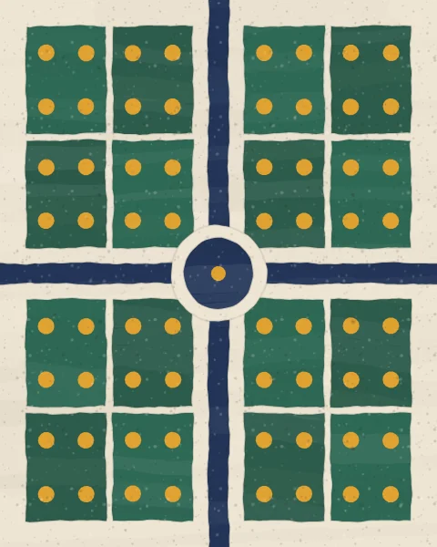 Indigo water channels cross at a central pool, dividing green beds dotted with saffron orange trees.