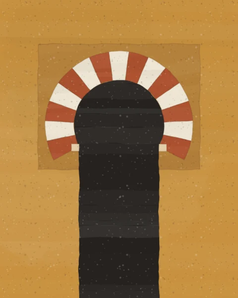 Horseshoe arches of alternating henna and plaster voussoirs open onto darkness in an ochre wall: one arch on the upright formats, a pair on the wide ones, and a small arched window above the door on the tallest.