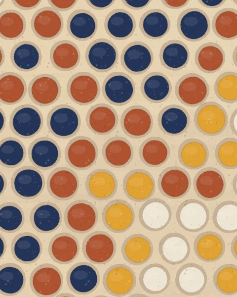 Round stone vats filled with indigo, henna, saffron and white lime crowd together, seen from above.