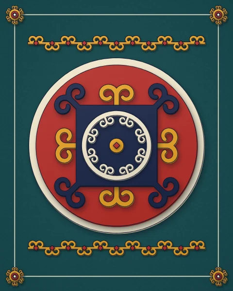 A navy square set in a felt-red disc, with ram's horns rising from its corners and sides and a cream wreath of horns at its centre, all on a deep teal field. In taller shapes, horn borders and small rosettes sit above and below.
