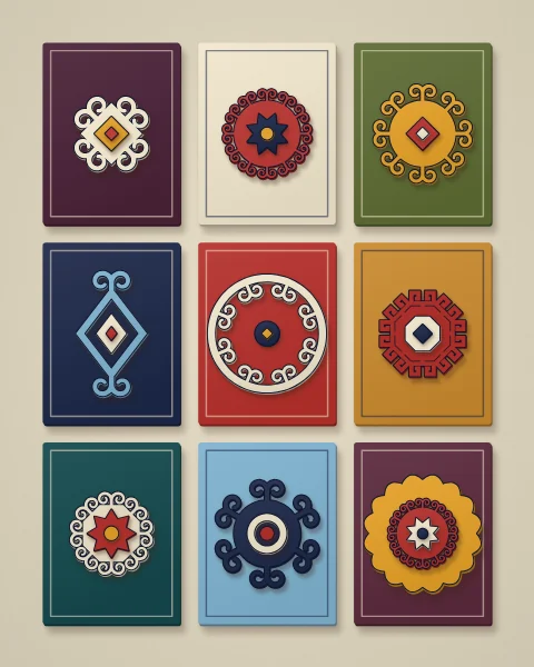 Small felt panels hung in a grid on a warm stone wall, each with its own ground colour and its own ram's-horn ornament: rosettes, wreaths, lozenges and a squared-off star.