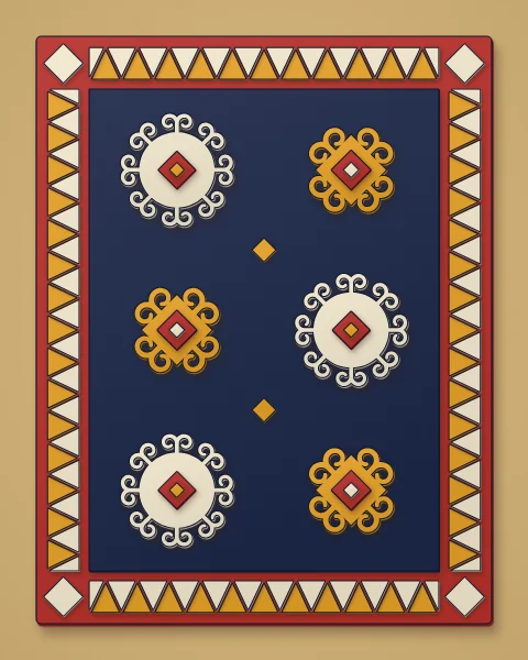 A felt rug seen from above: a red border of saffron and cream sawtooth around a navy field set with cream and saffron horn rosettes.