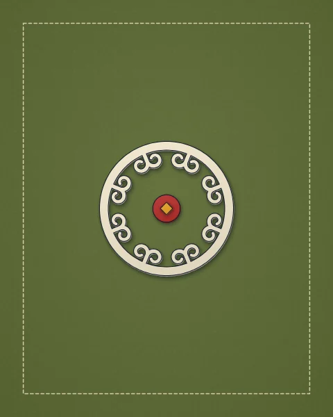 A single cream ring of inward-turning ram's horns around a small red centre, on a quiet moss-green field framed by a fine stitched line.