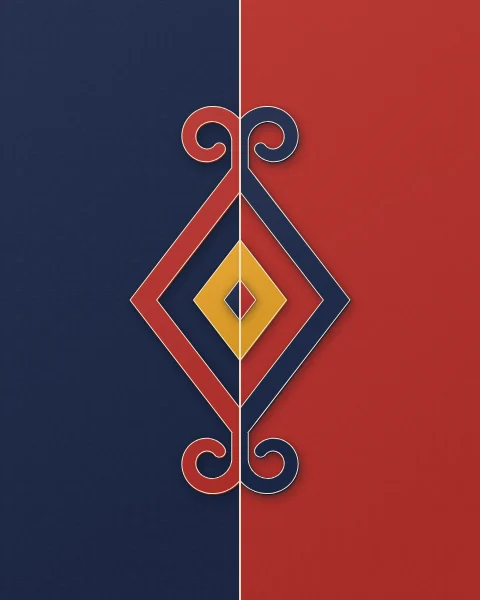 A field split into navy and red, with a tall open lozenge crossing the line. Each half takes the other's colour, and horn scrolls finish the top and bottom.