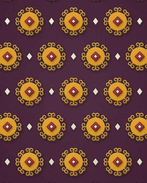 An all-over pattern of saffron horn rosettes with red and navy centres, set in staggered rows on deep aubergine with small cream lozenges between them.
