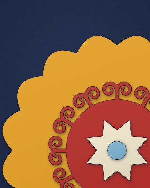 A close view of a layered medallion running off the edge of the frame: a scalloped saffron disc, a red ring of horns and a cream star, on navy.