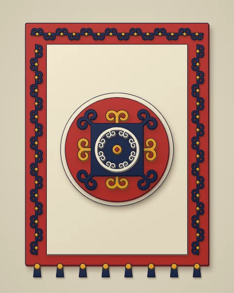 A red felt hanging with a navy horn border on three sides and a row of tassels below, its cream field holding ram's-horn medallions, set against a pale stone wall.