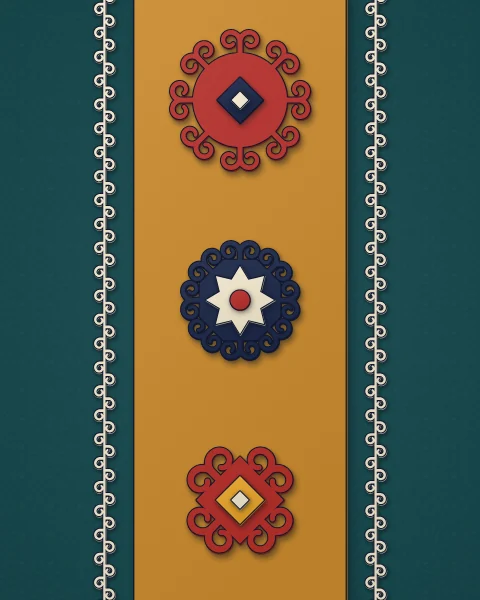 A broad ochre strip across a teal ground carrying a row of horn medallions in red, navy and cream, edged on both sides by a fine running border.