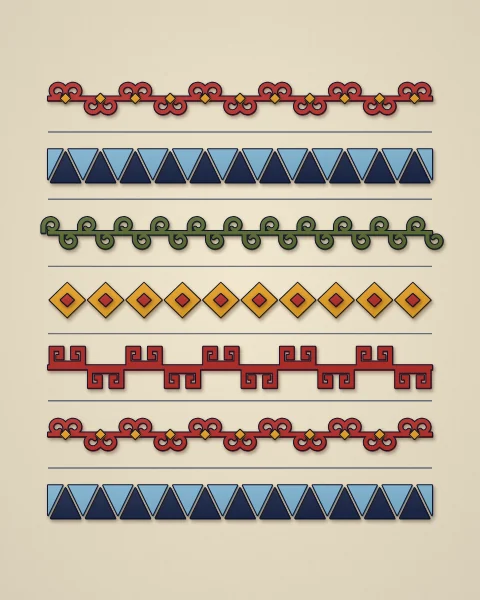 Rows of felt borders laid one above another on cream: linked horn pairs, sawtooth triangles, running scrolls, lozenge chains and squared-off hooks in red, navy, moss and saffron.