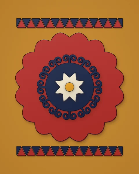 A scalloped red disc carrying a navy ring of tight horn scrolls and a cream eight-point star, on an ochre field with sawtooth borders above and below.