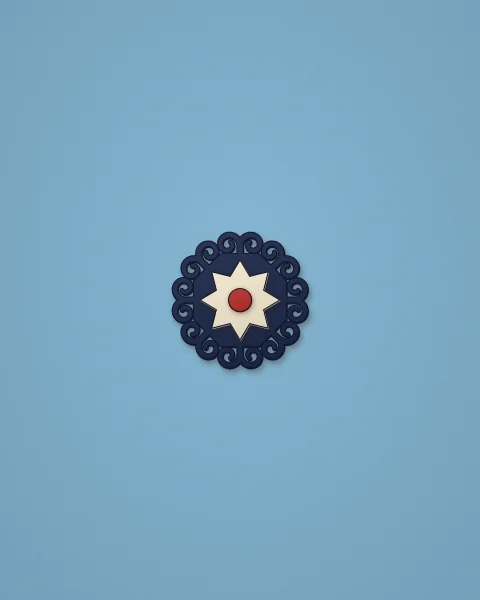 A small navy octagon edged with horn scrolls around a cream eight-point star, alone on a wide sky-blue field.