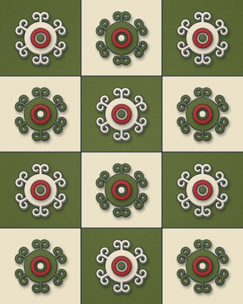 A chequerboard of moss and cream squares, each holding a six-horned rosette in the opposite colour with a red centre.