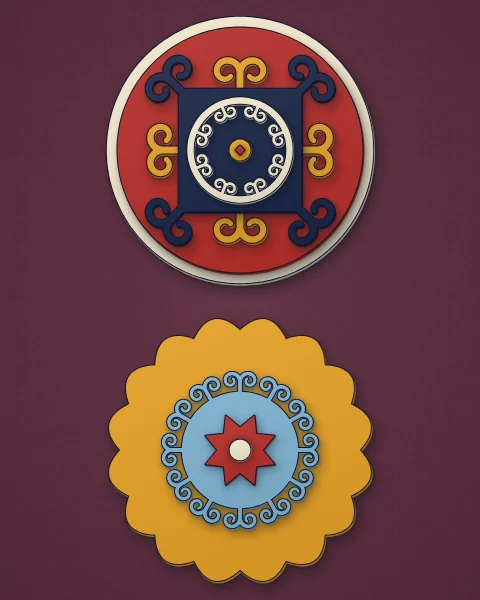 Two felt medallions on a plum field: a red disc with a navy square and corner horns, and a scalloped saffron disc with a sky-blue ring of horns.