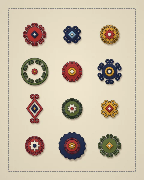 A neat sheet of twelve small felt ornaments on cream, rosettes, wreaths, lozenges and stars in red, navy, saffron and moss, inside a stitched frame.