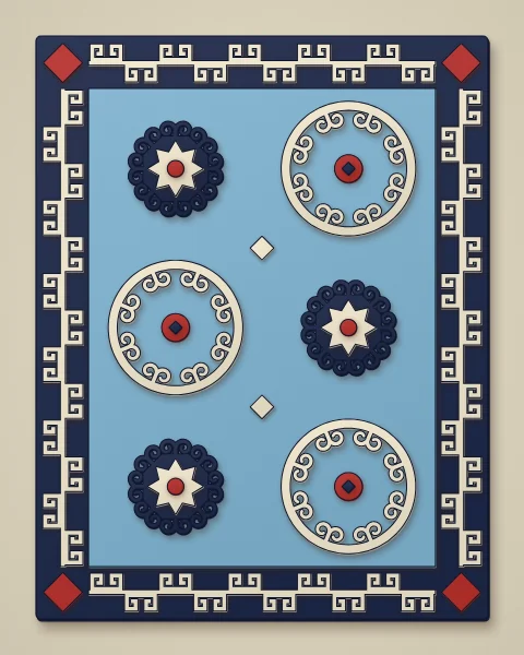 A navy felt rug with a cream border of squared-off horns around a sky-blue field of navy octagons and cream horn wreaths, on a stone floor.