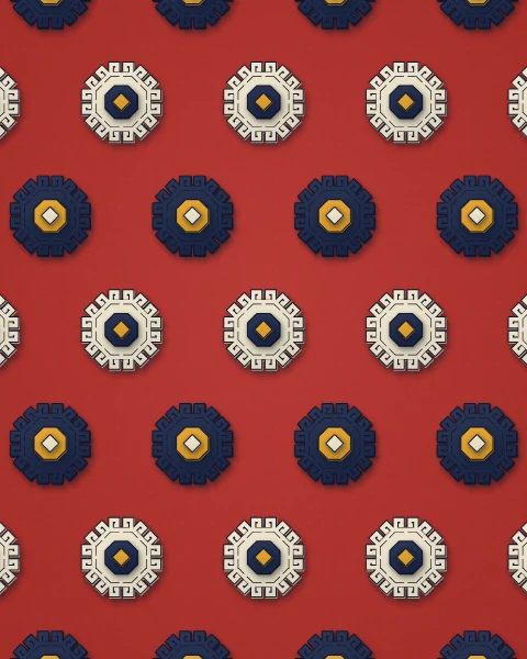An all-over pattern of octagons ringed with squared-off horn hooks, cream and navy rows alternating on felt red.