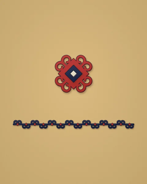 A small red four-horned lozenge on a sand field, with a navy border of linked horn pairs running across below it.