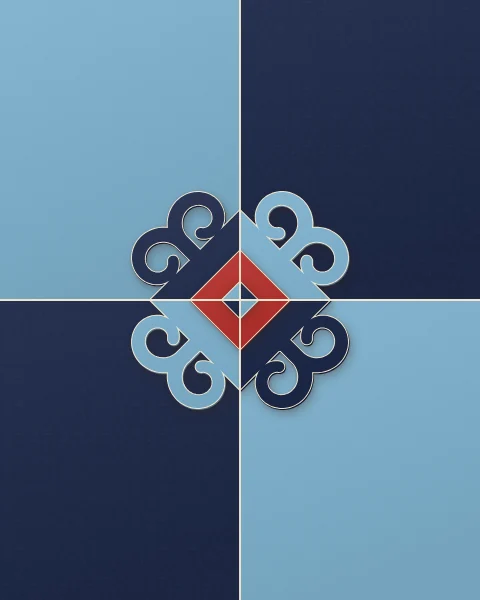 A field cut into four quarters of sky blue and navy, with a four-horned lozenge at the centre whose colours swap from quarter to quarter.