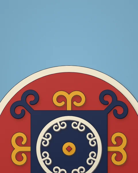 A great felt medallion rising from the lower edge into a sky-blue field: a red disc, a navy square with horn corners and a cream wreath at its centre.