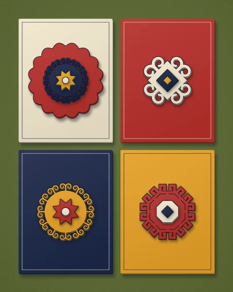 Four large felt panels on a moss wall, each with its own ground and ornament: a scalloped medallion, a four-horned lozenge, a rosette of twelve horns and a squared-off star.