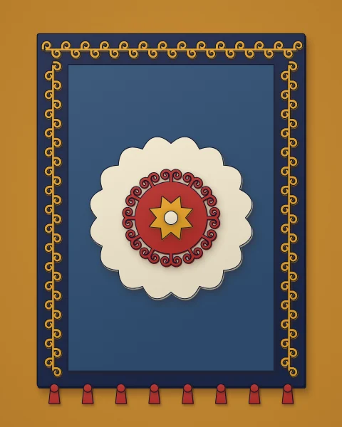 A navy wall hanging with a saffron running horn border, red tassels and a blue field holding cream and saffron medallions, on an ochre wall.