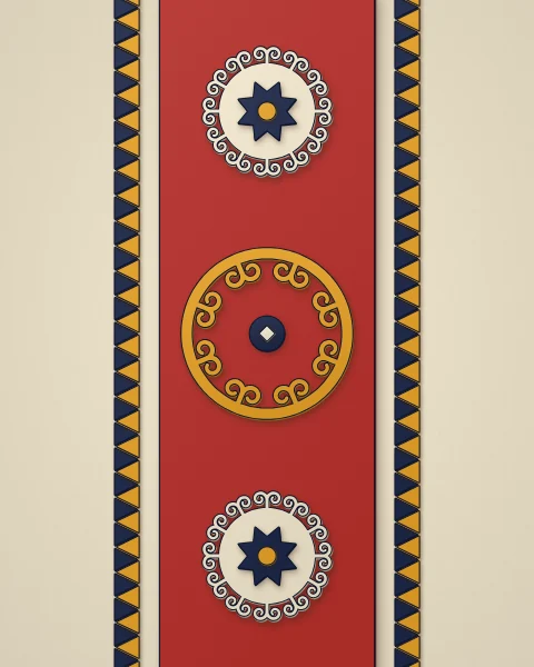 A red felt runner across a cream ground carrying cream and saffron horn medallions, with navy and saffron sawtooth borders on each side.
