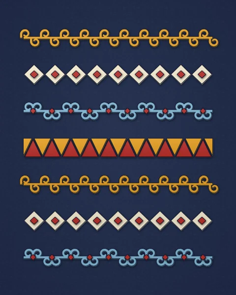 Felt borders laid in rows across a navy ground: saffron running scrolls, cream lozenge chains, sky-blue horn pairs and red and saffron sawtooth.