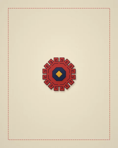 A small red octagon of squared-off horn hooks around a navy centre, alone on a cream field with a fine red stitched frame.
