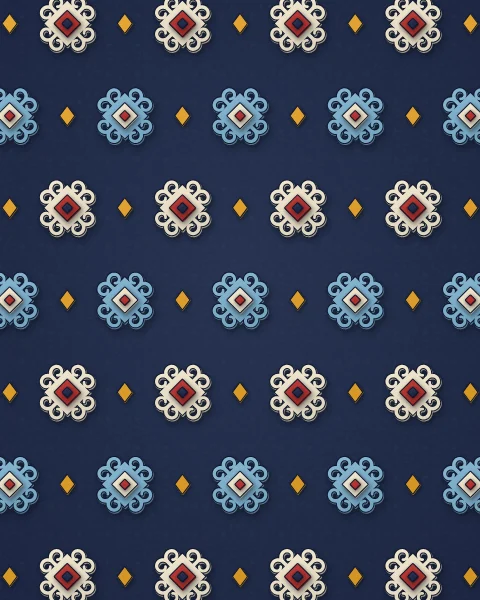 An all-over pattern of four-horned lozenges in sky blue and cream, in alternating rows on navy, with small saffron lozenges between.