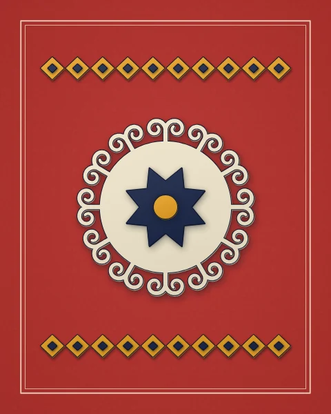 A cream rosette of twelve horn scrolls around a navy star, on felt red inside a fine cream double frame, with saffron lozenge borders and small medallions above and below in taller shapes.