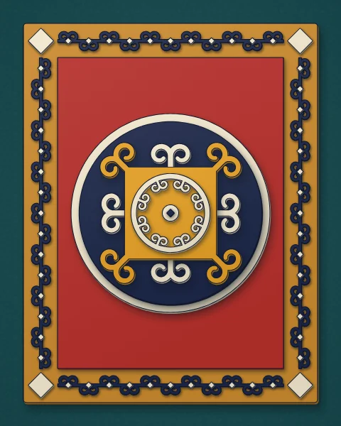 A felt rug with an ochre border of navy horn pairs and a red field holding one large navy and saffron medallion, on a teal floor.