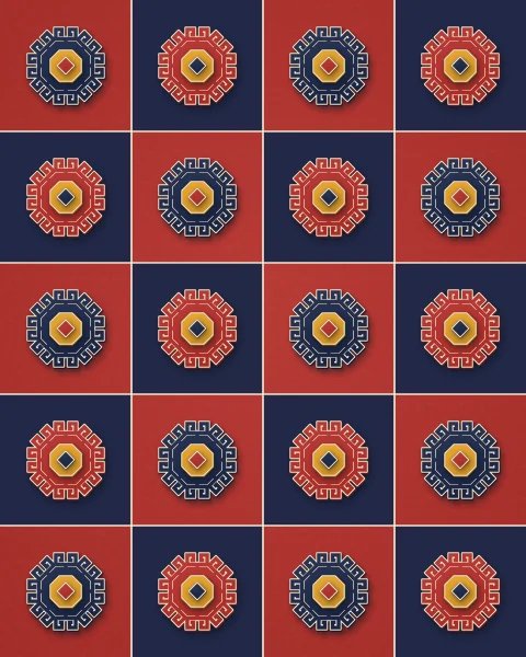 A chequerboard of red and navy squares divided by cream lines, each square holding an octagon of squared-off horns in the opposite colour.