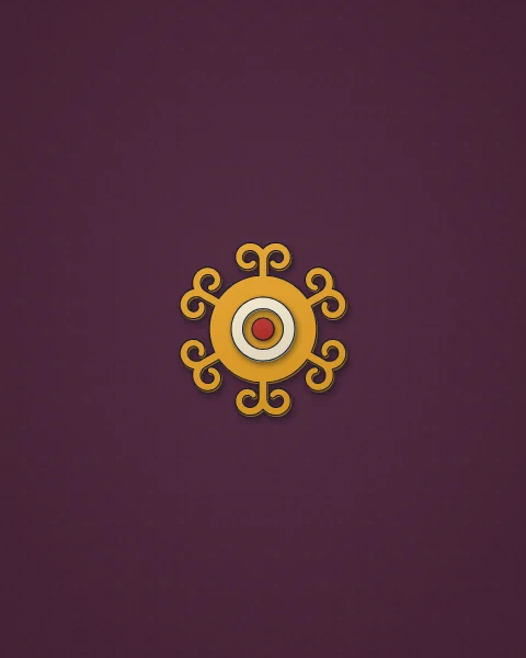 A small saffron rosette of six horn pairs with a cream ring at its centre, alone on a deep aubergine field.