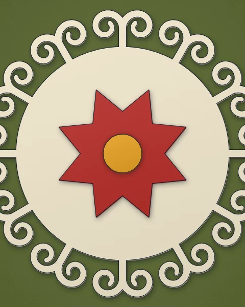 A cream rosette of horn scrolls seen up close, filling the frame and running off its edges, with a red star and a saffron centre on moss.