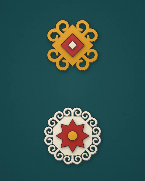 Two felt ornaments on a deep teal field: a saffron four-horned lozenge and a cream horn-edged octagon with a red star.