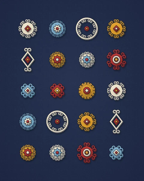 Twenty small felt ornaments in rows on navy: rosettes, rings, lozenges and stars in cream, saffron, red and sky blue.