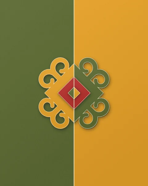 A field split into moss and saffron, with a four-horned lozenge across the line whose colours swap from one half to the other.