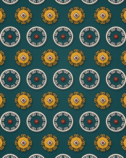 A close all-over pattern of cream horn wreaths and saffron rosettes in alternating rows on deep teal.