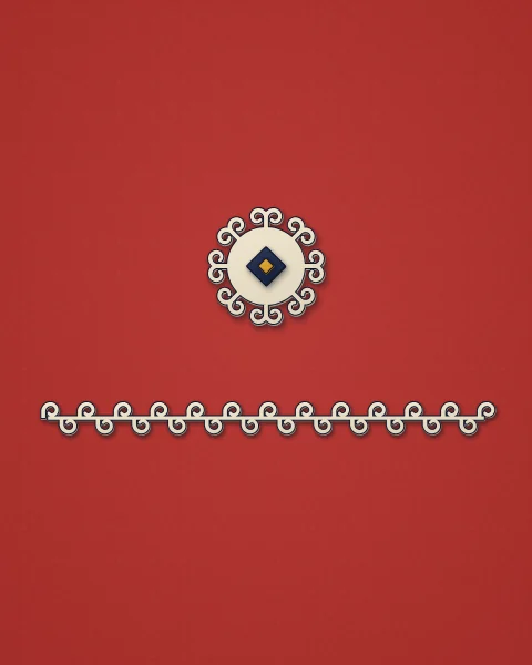 A small cream horn rosette on felt red, with one cream running horn border across the field below it.