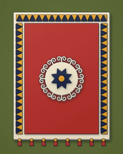 A cream wall hanging with a navy and saffron sawtooth border, red tassels and a red field holding cream and saffron horn medallions, on a moss wall.