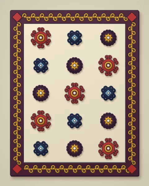 An aubergine felt rug with a saffron running horn border around a cream field closely set with small red, navy and aubergine ornaments.