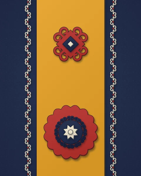 A saffron felt strip across a navy ground carrying red horn lozenges and a scalloped medallion, with cream horn borders on each side.