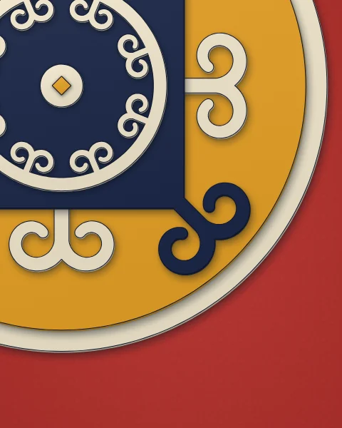 A large felt medallion seen up close from one corner: a saffron disc, a navy square with horn corners and a cream wreath, on felt red.