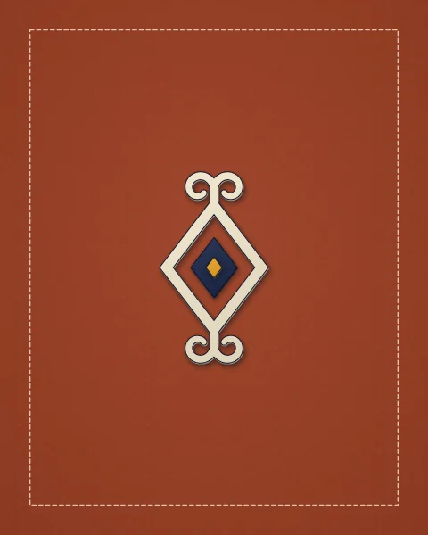 An open cream lozenge with a navy centre and horn scrolls at its top and bottom points, on a rust field with a fine stitched frame.