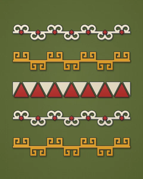 Broad felt borders in rows on moss green: cream horn pairs, saffron squared-off hooks and red and cream sawtooth.