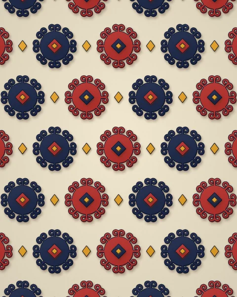An all-over pattern of red and navy rosettes ringed with horn scrolls, set in a chequer on cream with tiny saffron lozenges between.
