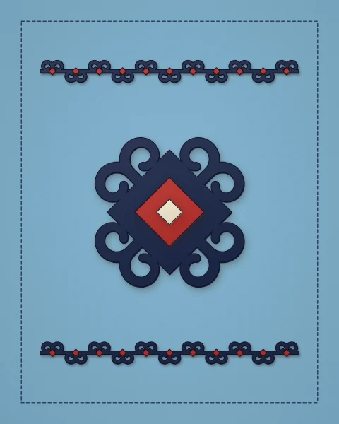 A large navy four-horned lozenge with a red and cream centre on a sky-blue field inside a stitched frame, with navy horn borders and small red rosettes in longer shapes.