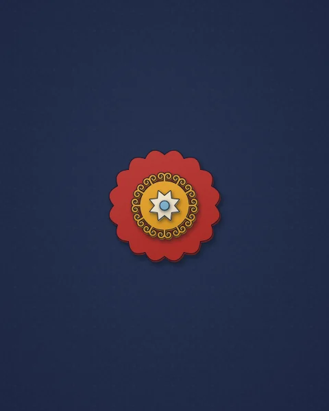A small scalloped red medallion with a saffron ring of horns and a pale star at its centre, alone on deep navy.