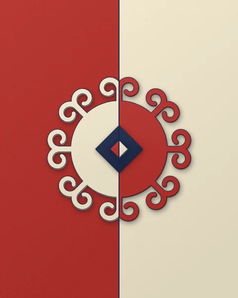 A field split into felt red and cream, with a ring of ram's horns around a navy lozenge across the line, its colours swapping from one half to the other.