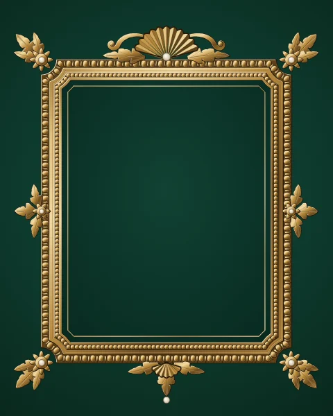 An elaborate gilded frame with a beaded channel, corner rosettes, acanthus and a shell crest, set around an empty field of deep emerald.